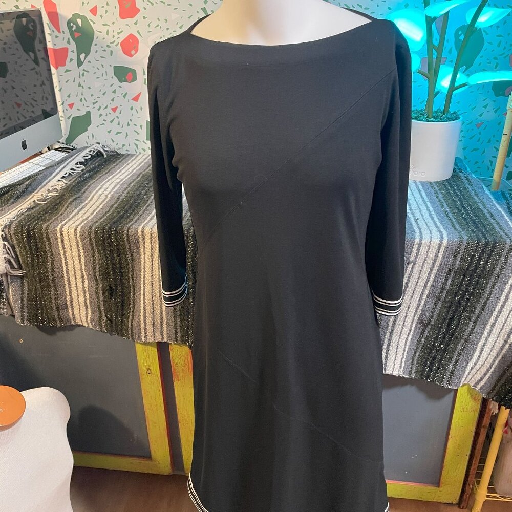 Perry Ellis Black 3/4 Sleeve Dress with White Trim - Petite L